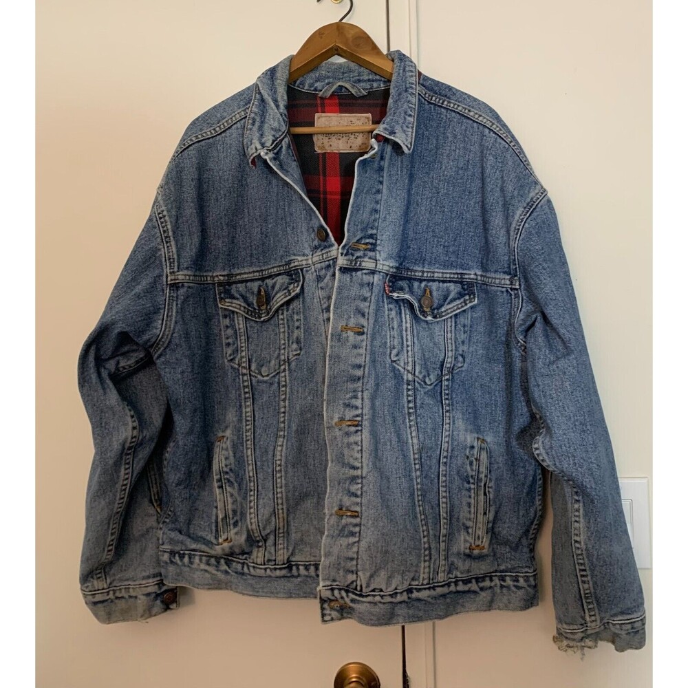 VTG Levi's Trucker Jean Jacket Men's XL Blue Denim Flannel Plaid Lined Cotton